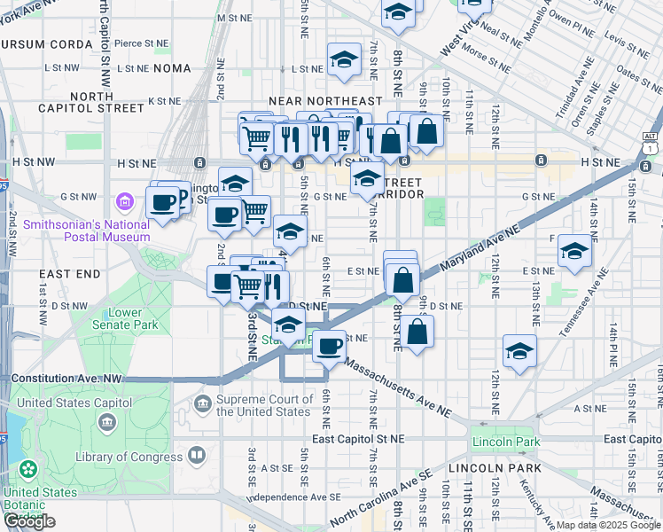 map of restaurants, bars, coffee shops, grocery stores, and more near 101 Independence Avenue Southeast in Washington