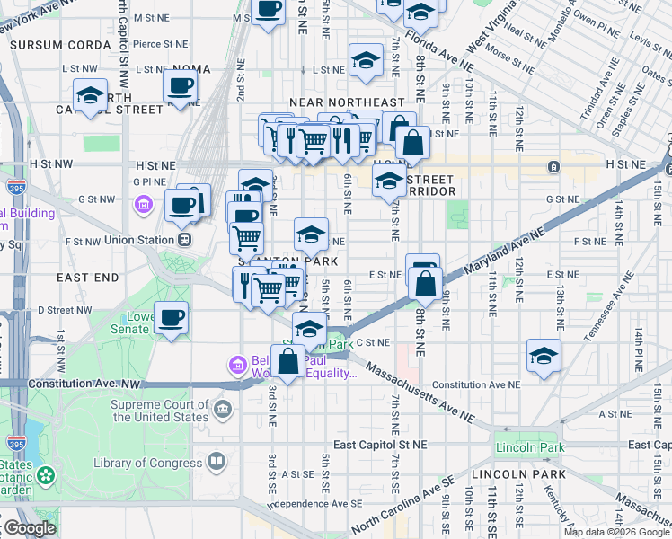 map of restaurants, bars, coffee shops, grocery stores, and more near 101 Independence Avenue Southeast in Washington