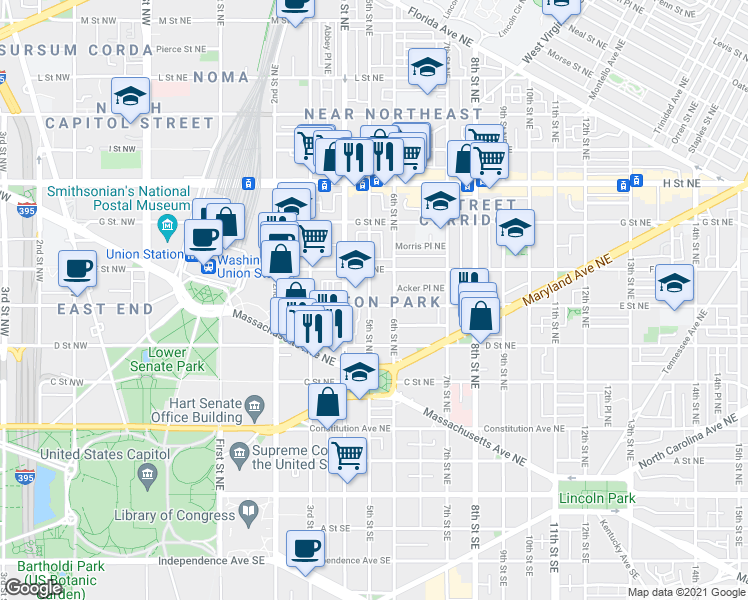 map of restaurants, bars, coffee shops, grocery stores, and more near 101 Independence Avenue Southeast in Washington