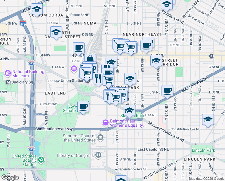 map of restaurants, bars, coffee shops, grocery stores, and more near 101 Independence Avenue Southeast in Washington