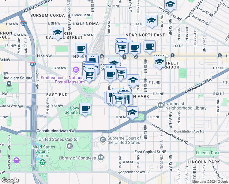 map of restaurants, bars, coffee shops, grocery stores, and more near 101 Independence Avenue Southeast in Washington
