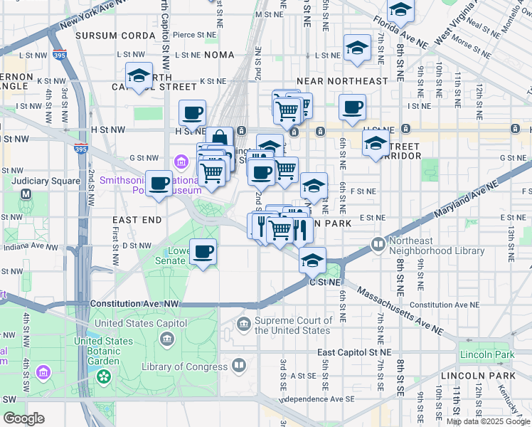 map of restaurants, bars, coffee shops, grocery stores, and more near 101 Independence Avenue Southeast in Washington