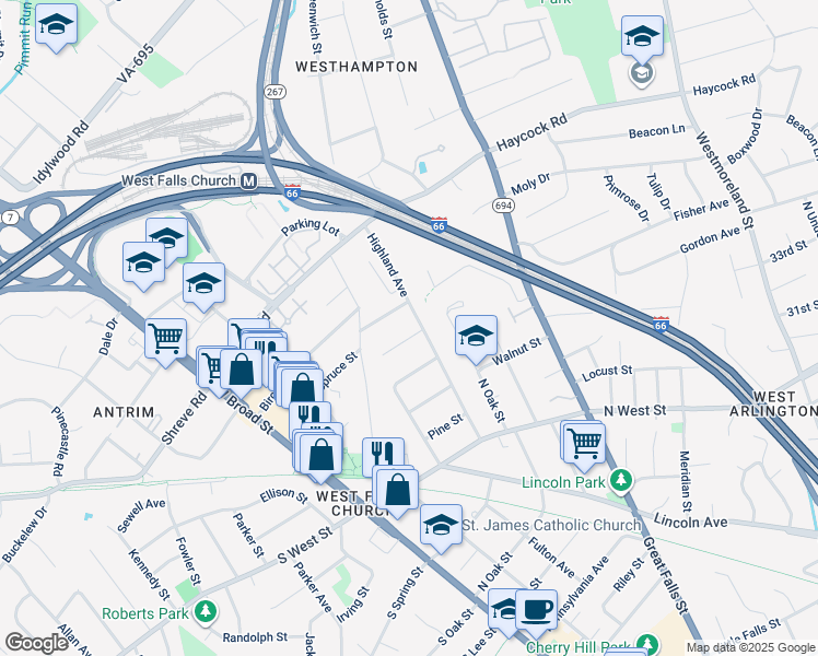 map of restaurants, bars, coffee shops, grocery stores, and more near 6904 Willow Street in Falls Church