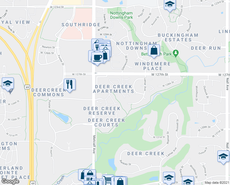 map of restaurants, bars, coffee shops, grocery stores, and more near 12849 Metcalf Avenue in Overland Park