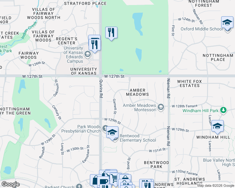map of restaurants, bars, coffee shops, grocery stores, and more near 12752 Garnett Street in Overland Park