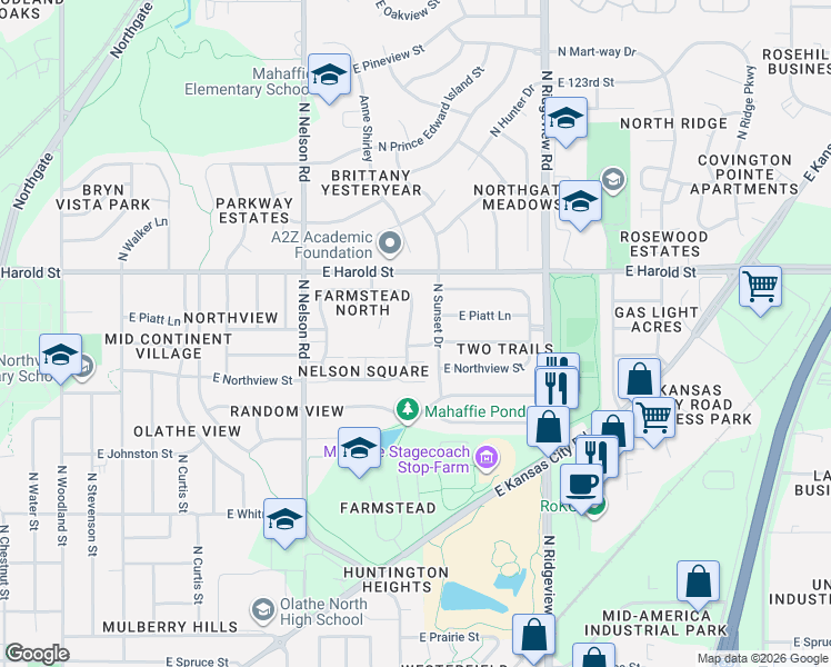 map of restaurants, bars, coffee shops, grocery stores, and more near 1011 North Church Street in Olathe