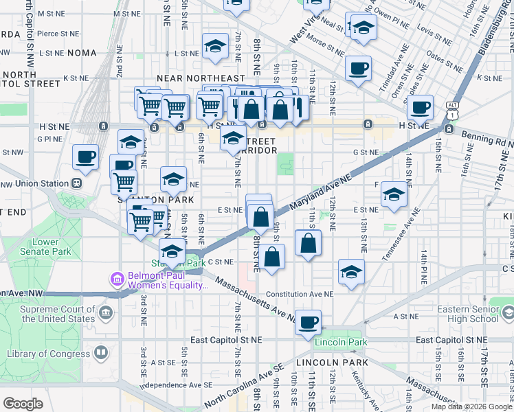 map of restaurants, bars, coffee shops, grocery stores, and more near 8th Street Northeast in Washington