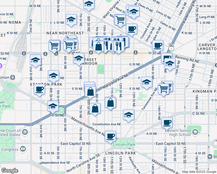 map of restaurants, bars, coffee shops, grocery stores, and more near 1007 Maryland Avenue Northeast in Washington