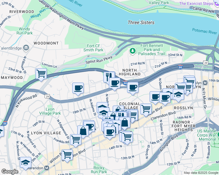 map of restaurants, bars, coffee shops, grocery stores, and more near 2147 Lee Highway in Arlington
