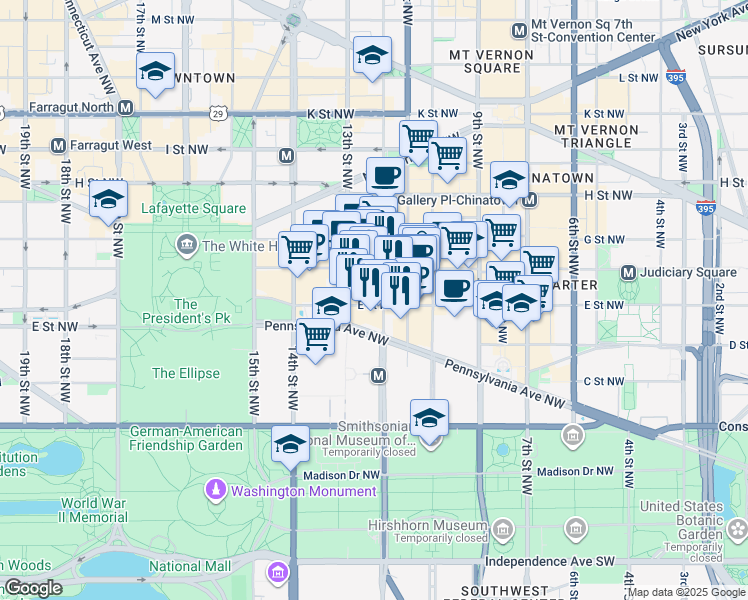 map of restaurants, bars, coffee shops, grocery stores, and more near 1299 Pennsylvania Avenue Northwest in Washington