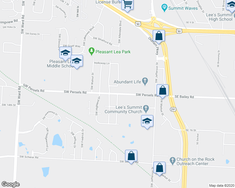 map of restaurants, bars, coffee shops, grocery stores, and more near 1401 Southwest Mission Road in Lee's Summit