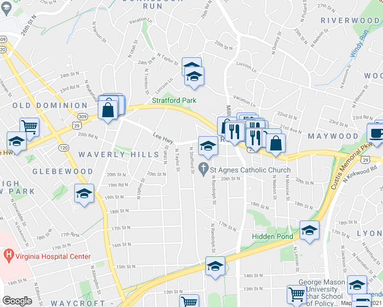 map of restaurants, bars, coffee shops, grocery stores, and more near N Stafford St & 21st St N in Arlington