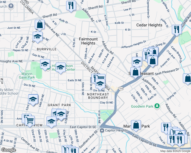 map of restaurants, bars, coffee shops, grocery stores, and more near 510 Eastern Avenue Northeast in Washington