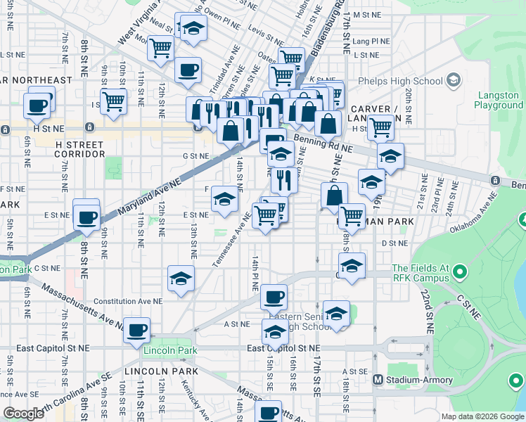 map of restaurants, bars, coffee shops, grocery stores, and more near 101 Independence Avenue Southeast in Washington