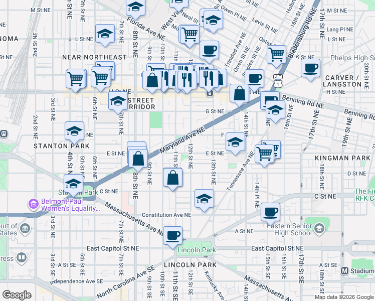 map of restaurants, bars, coffee shops, grocery stores, and more near 101 Independence Avenue Southeast in Washington