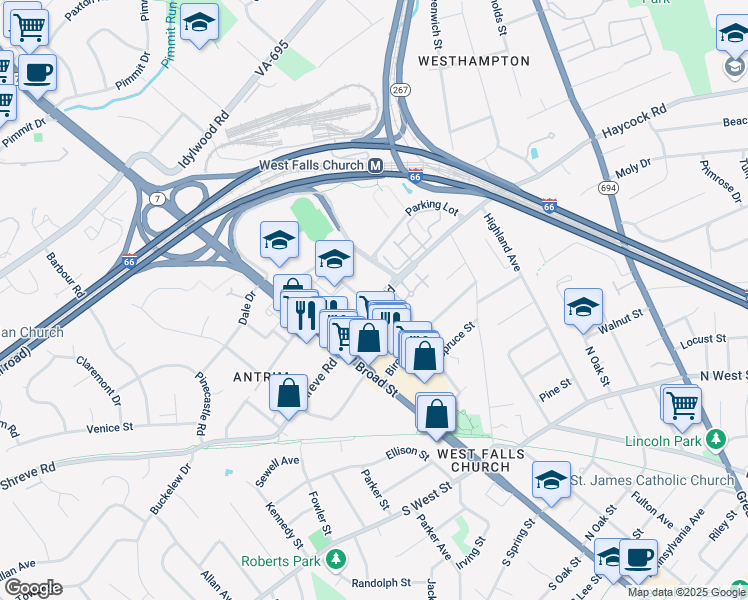 map of restaurants, bars, coffee shops, grocery stores, and more near 156 Haycock Road in Falls Church
