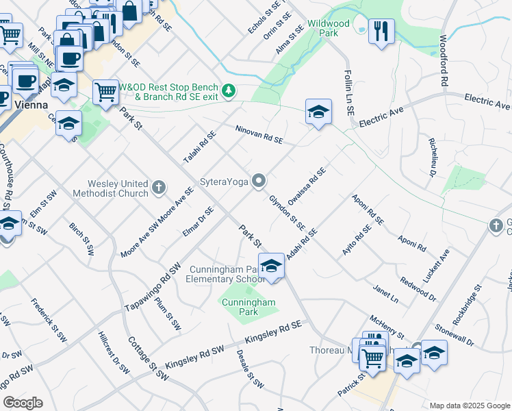 map of restaurants, bars, coffee shops, grocery stores, and more near 200 Prescott Circle Southeast in Vienna