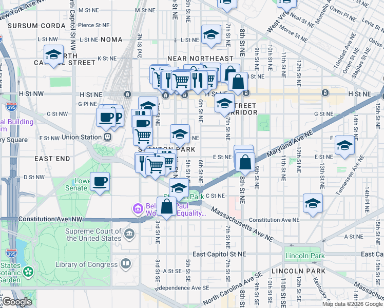map of restaurants, bars, coffee shops, grocery stores, and more near 506 E Street NE in Washington