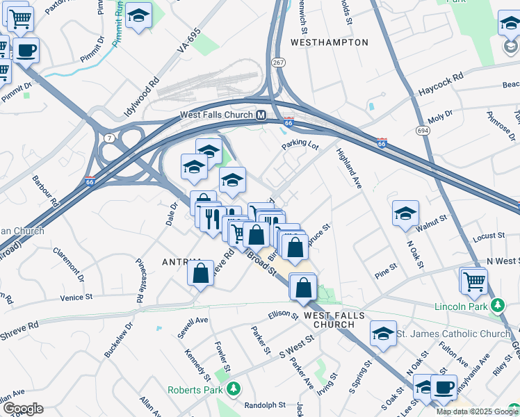 map of restaurants, bars, coffee shops, grocery stores, and more near 156 Haycock Road in Falls Church