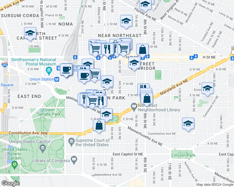 map of restaurants, bars, coffee shops, grocery stores, and more near 518 E Street Northeast in Washington