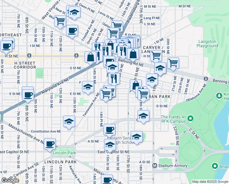 map of restaurants, bars, coffee shops, grocery stores, and more near 1521 F Street Northeast in Washington