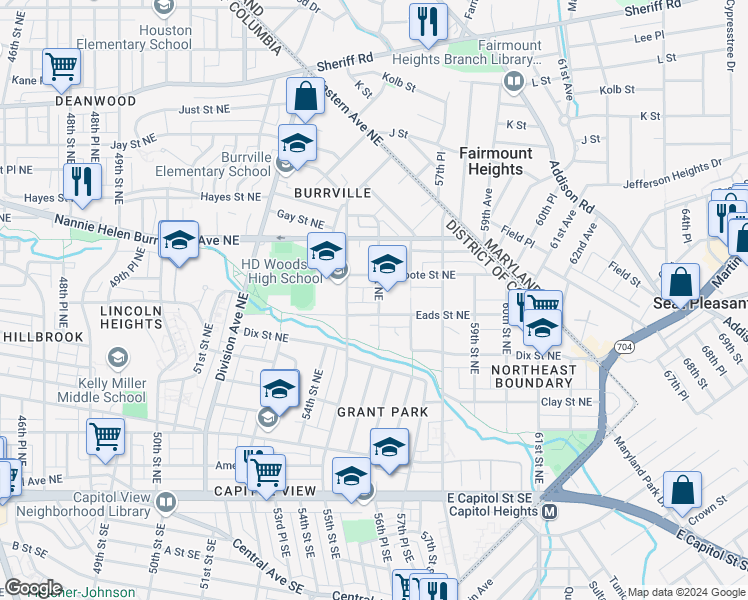 map of restaurants, bars, coffee shops, grocery stores, and more near 518 56th Street Northeast in Washington