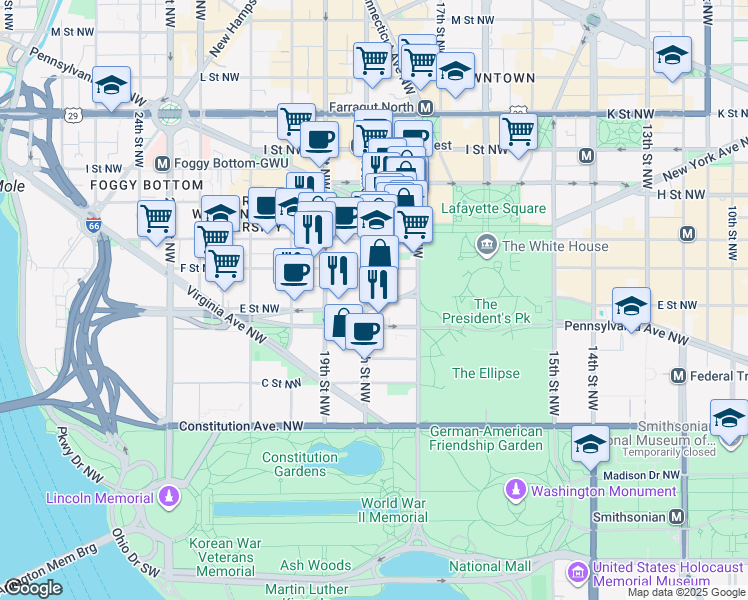 map of restaurants, bars, coffee shops, grocery stores, and more near 1799 New York Avenue Northwest in Washington