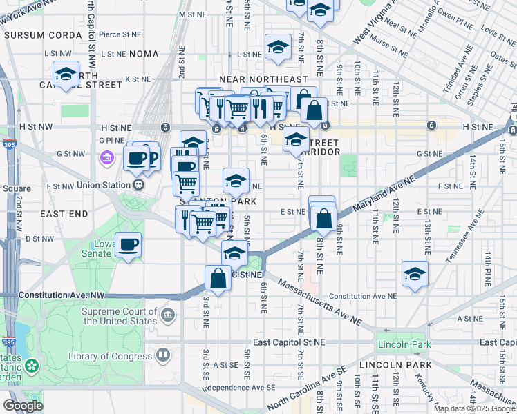 map of restaurants, bars, coffee shops, grocery stores, and more near 101 Independence Avenue Southeast in Washington