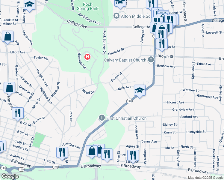 map of restaurants, bars, coffee shops, grocery stores, and more near 2123 Mills Avenue in Alton
