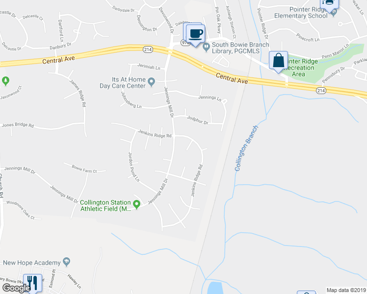 map of restaurants, bars, coffee shops, grocery stores, and more near 505 Jacque Court in Bowie