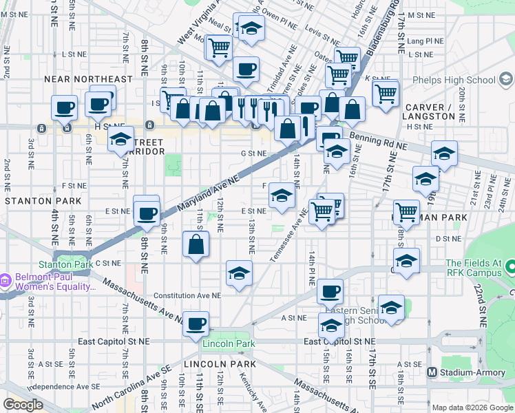 map of restaurants, bars, coffee shops, grocery stores, and more near 101 Independence Avenue Southeast in Washington