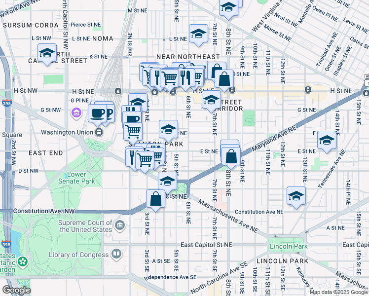 map of restaurants, bars, coffee shops, grocery stores, and more near 518 E Street Northeast in Washington