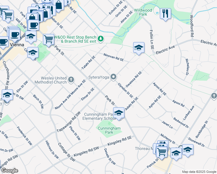map of restaurants, bars, coffee shops, grocery stores, and more near 211 Tapawingo Road Southeast in Vienna