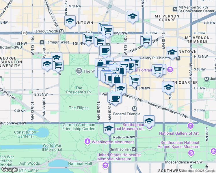 map of restaurants, bars, coffee shops, grocery stores, and more near 1401 Pennsylvania Avenue Northwest in Washington