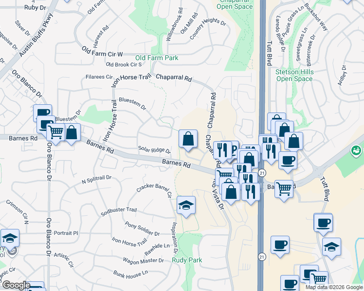 map of restaurants, bars, coffee shops, grocery stores, and more near 5509 Jennifer Ln in Colorado Springs