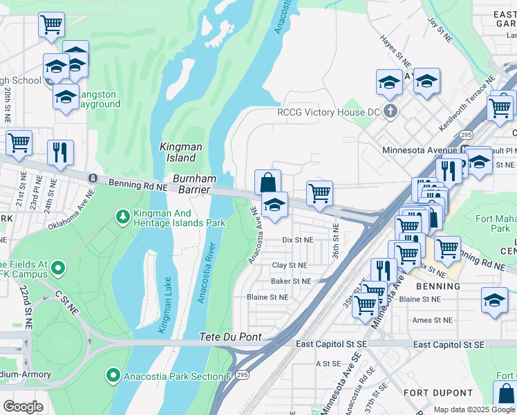 map of restaurants, bars, coffee shops, grocery stores, and more near 405 Anacostia Avenue Northeast in Washington