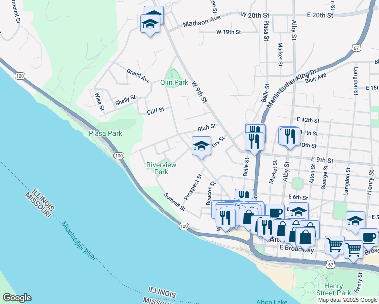 map of restaurants, bars, coffee shops, grocery stores, and more near 918 State Street in Alton