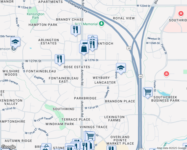 map of restaurants, bars, coffee shops, grocery stores, and more near 8577 West 127th Place in Overland Park