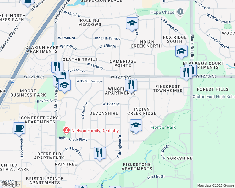 map of restaurants, bars, coffee shops, grocery stores, and more near 15907 West 127th Street in Olathe