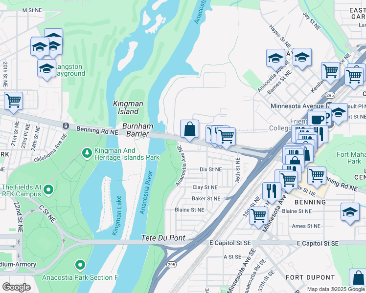 map of restaurants, bars, coffee shops, grocery stores, and more near 405 Anacostia Avenue Northeast in Washington