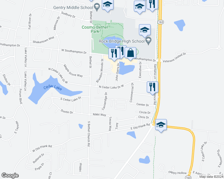 map of restaurants, bars, coffee shops, grocery stores, and more near 38 North Cedar Lake Drive West in Columbia