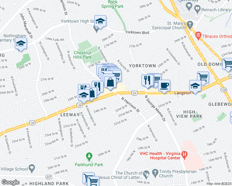 map of restaurants, bars, coffee shops, grocery stores, and more near Lee Hwy & N Harrison St in Arlington