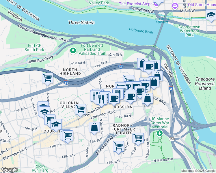 map of restaurants, bars, coffee shops, grocery stores, and more near 1603 Key Boulevard in Arlington