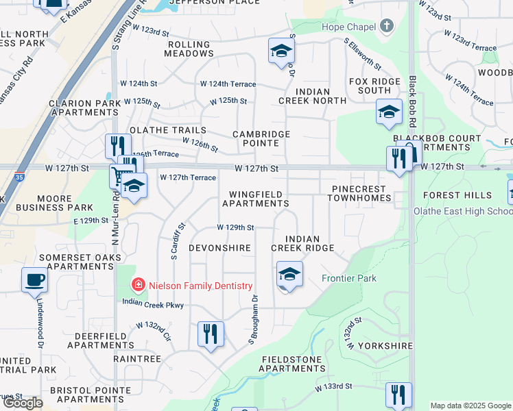 map of restaurants, bars, coffee shops, grocery stores, and more near 15817 West 128th Street in Olathe