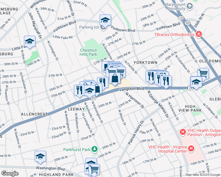 map of restaurants, bars, coffee shops, grocery stores, and more near 5501 Lee Hwy in Arlington