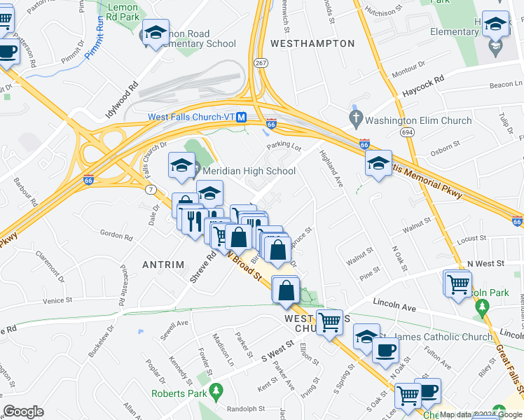 map of restaurants, bars, coffee shops, grocery stores, and more near 120 Haycock Road in Falls Church