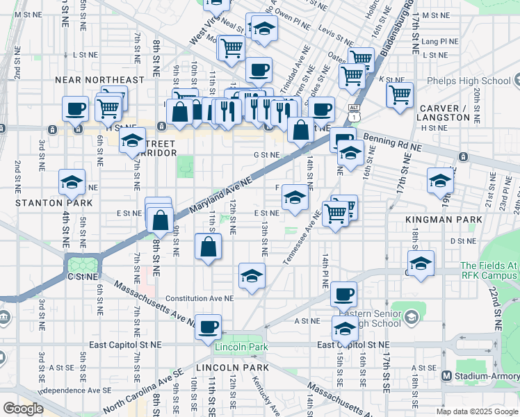 map of restaurants, bars, coffee shops, grocery stores, and more near 101 Independence Avenue Southeast in Washington