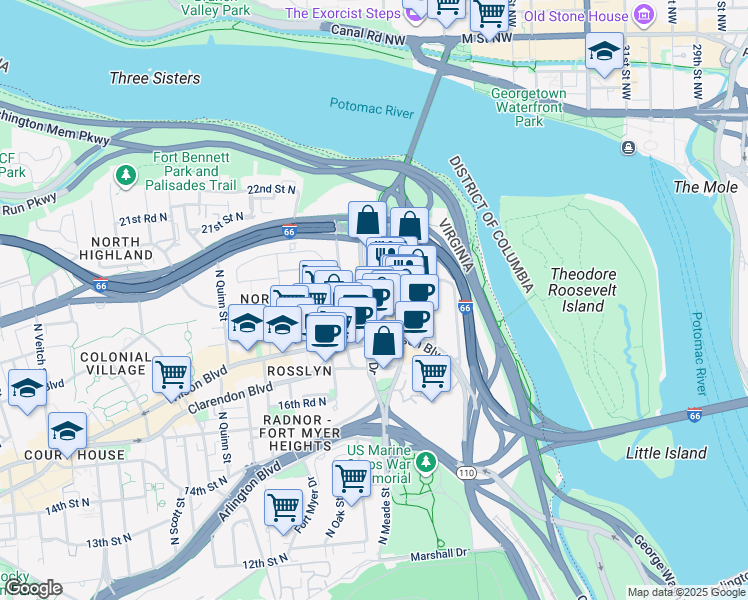 map of restaurants, bars, coffee shops, grocery stores, and more near 1812 North Moore Street in Arlington