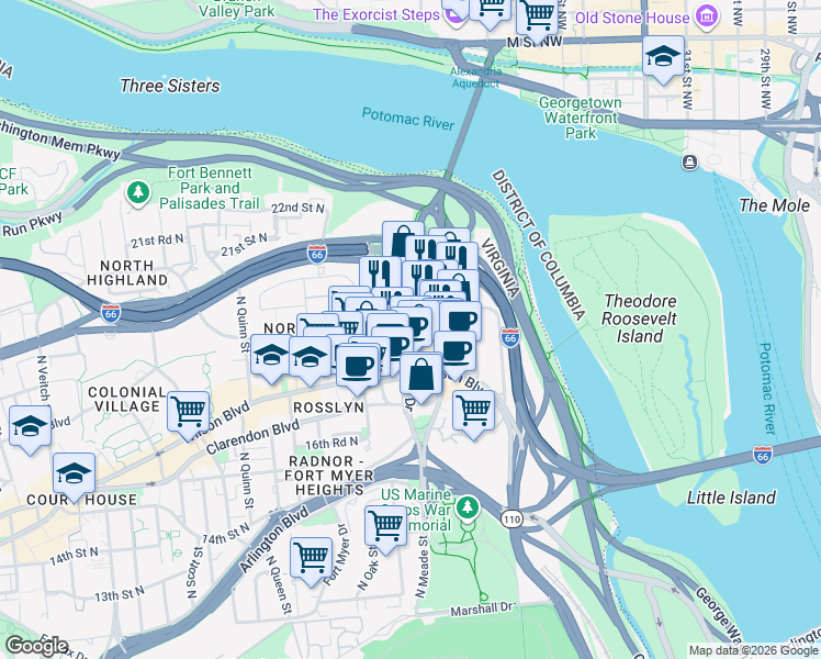 map of restaurants, bars, coffee shops, grocery stores, and more near 1812 North Moore Street in Arlington