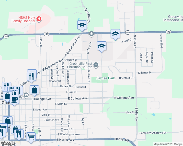 map of restaurants, bars, coffee shops, grocery stores, and more near 604 North Hena Street in Greenville